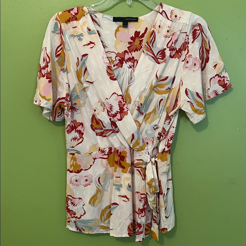 Harve Benard Floral Mock Wrap Short Sleeve Blouse